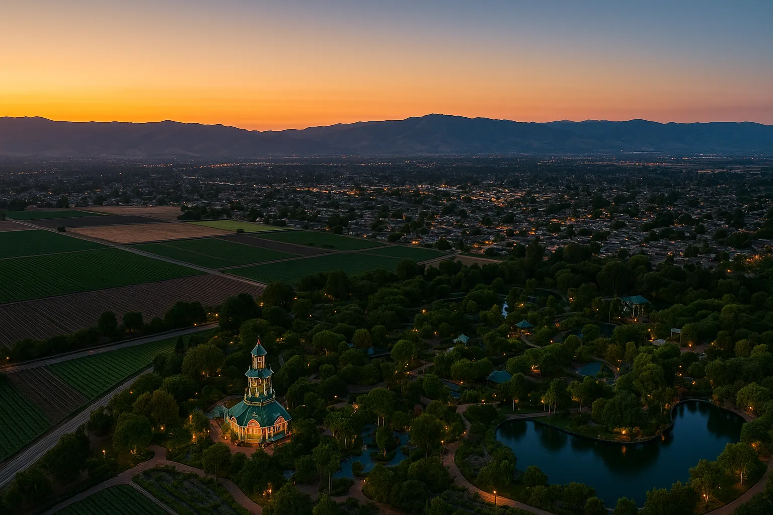 High-resolution aerial twilight shot of Gilroy featuring the Gilroy Gardens Family Theme Park’s central pagoda tower lit warmly, adjacent water features reflecting sunset colors, neat garden layouts, and rolling agricultural fields under a fading orange and blue sky.